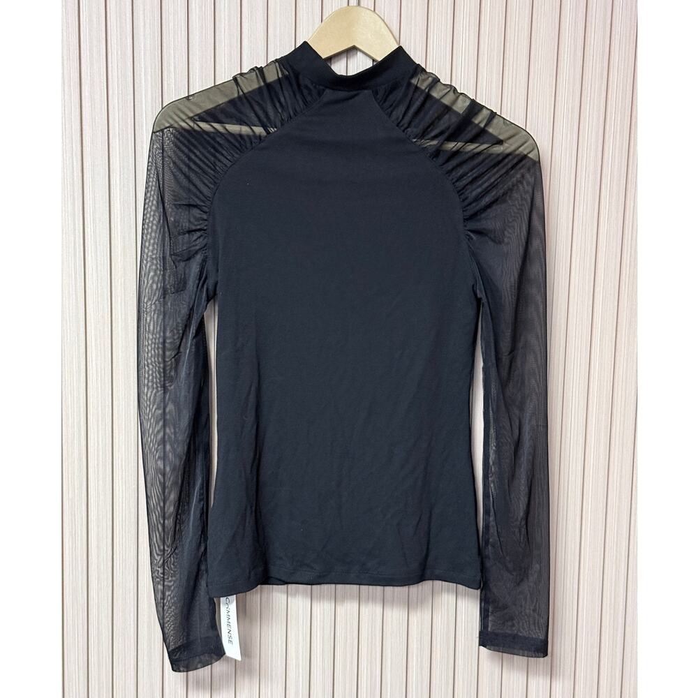 Commense Stand Collar Sheer Sleeve Fitted Blouse Black Women’s Size M - Picture 2 of 9